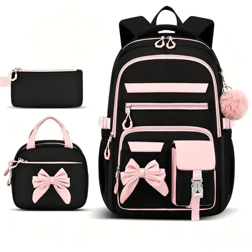 Girly 3-Piece Spine-Protecting Backpack Set | Durable Nylon Water-Resistant & Lightweight, Large Capacity with Insulated Lunch Bag, Essential for School & Travel/Black powder-set of three