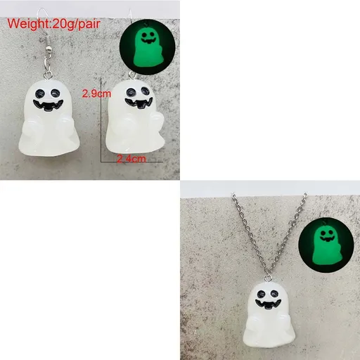 Halloween Ghosts Earrings and Necklace Set Glow in the Dark Adopt a Ghost Earrings Necklace Spooky Light up Halloween Jewelry Set for Women and Men - White - Size F