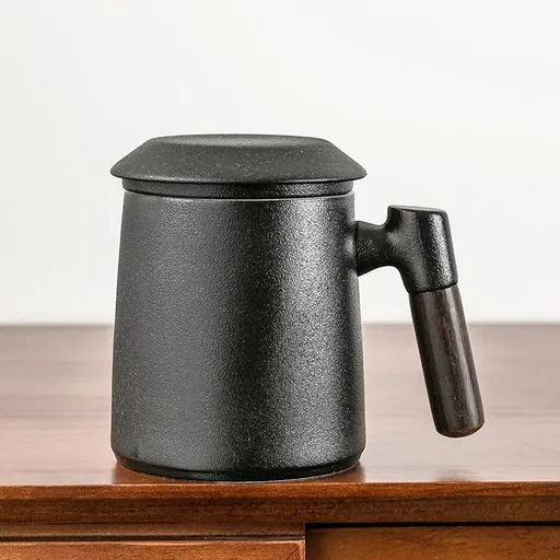 Sandalwood handle Tea Mug, Chinese Ceramic Tea Cup,with Infuser and Lid, 13 oz, Matte black-Ceramic Stainer Mug for Tea Gift
