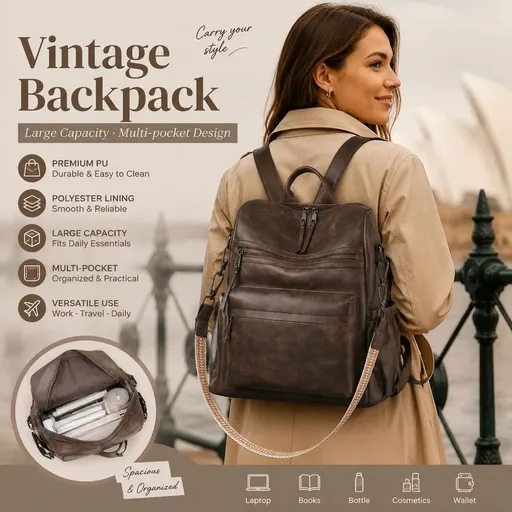 Two-Tone Coffee Textured Women Retro Backpack Multi Functional Large Capacity Bag