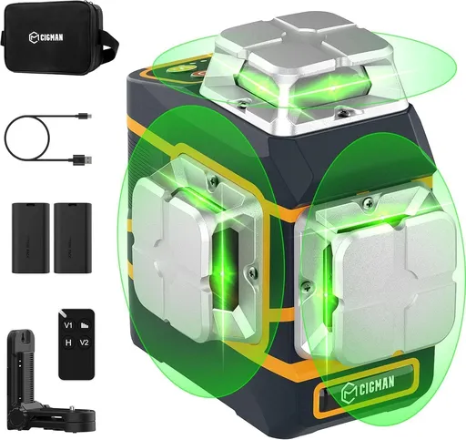 Laser Level Self Leveling 3x360° 3D Green Cross Line with Remote Control and Two Rechargeable Batteries