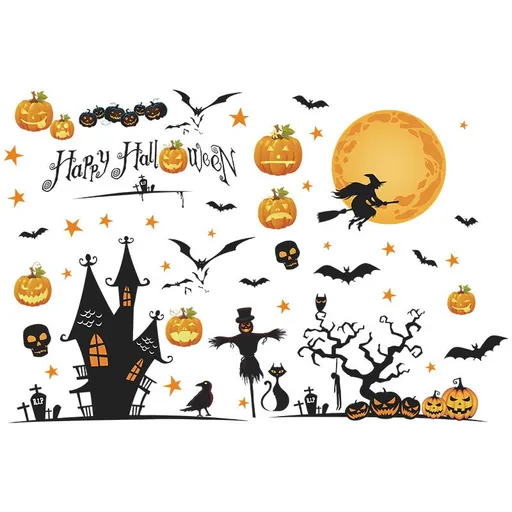 Happy Halloween Removable Wall Stickers Window Art Decoration Vinyl Witch Bats Pumpkin Decals for Home Decor Indoor Outdoor