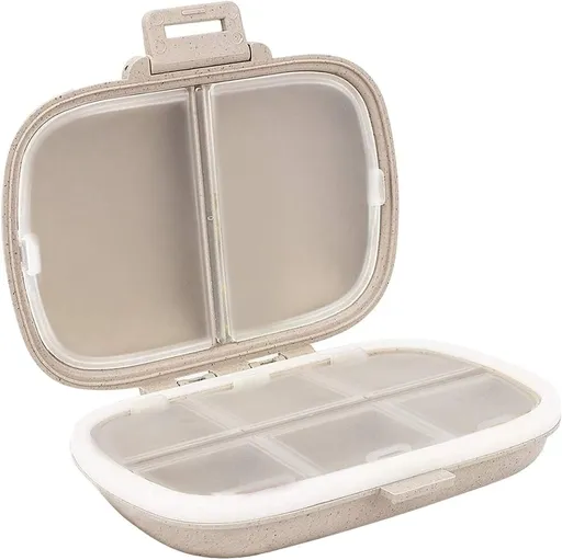 Travel Pill Organizer, 8 Compartments Portable Pill Case, Daily Pill Box to Hold Vitamins, Small Pill Container for Pocket Purse Medicine Organizer（Khaki）