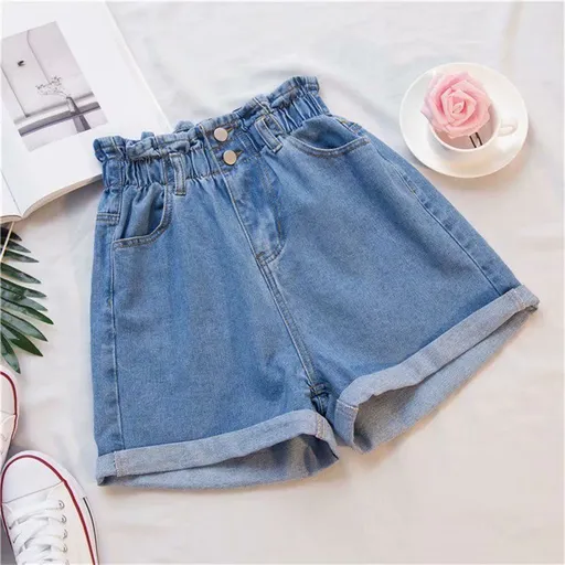 Women Denim Shorts High Waist Wide Leg Cotton Blue