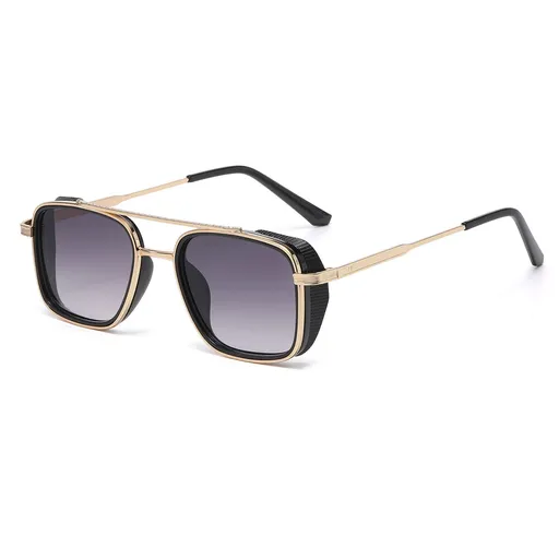 Men's Gold Metal Frame Grey Lens Sunglasses - Square Retro Style UV400 Protection Fashion Eyewear for Driving Travel and Daily Wear
