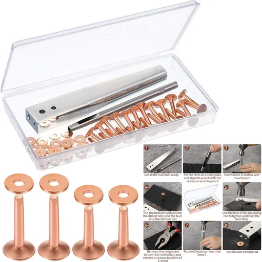 50 Pcs Copper Rivet and Burr 9 and #12 Copper Leather Brass Rivets Fastener Install Setting Tool with Hole Punch Cutter Kit for Belts Wallets Collars Leather Working Supplies