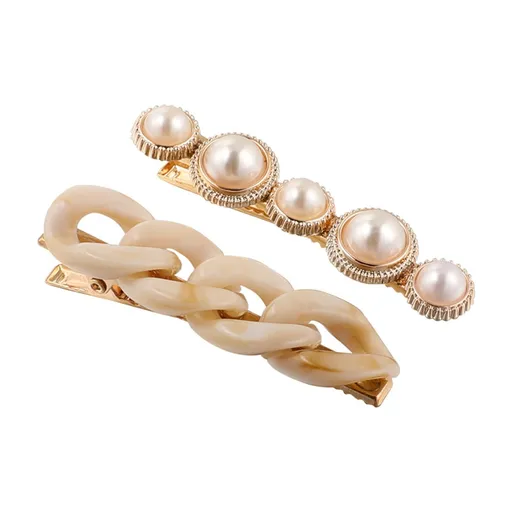 2 Pcs/Set Women Hairpins Faux Pearl Non-slip Chain Shape Geometric Lightweight Adornment Transparent Girls Hair Decoration Hair
