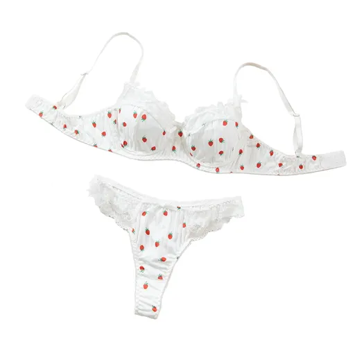 Printed Lace Bra Set With Steel Ring Gathering Bowknot Erotic Underwear - White - L
