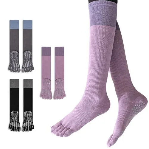 Women’s Yoga Pilates Toe Cotton Crew Socks, Non-Slip 3/5-Pair Breathable moisture-wicking feel for barre gift sets, Reformer class, Stretching, Studio bags, And ballet flats - Purple-Gray-Black - Size 3 pairs