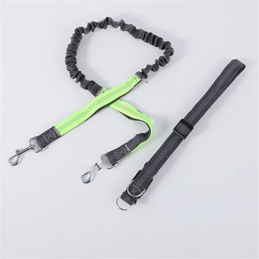 Hands-Free Waist Leash for Dog Walking, Running and Hiking, Adjustable Belt with Double Handle, Reflective Bungee Design for Large & Medium Dogs (Green 2.5cm *70-120cm)