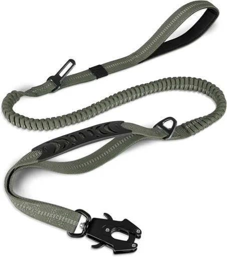Bungee Dog Leash with Frog Snap Hook - Heavy Duty Elastic Training Lead for Medium Large Dogs - Shock Absorbing Anti-Pull Walking Leash - Olive