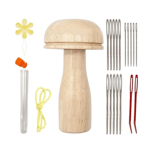 Cute Darning Set with Mushroom Shape Wooden Darner Sewing Tool Kit for Socks Pants Sweaters DIY Sewing Crafts