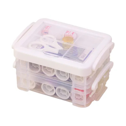 White 3-Layer Sewing Kit Box Set - Complete Home Sewing Organizer with 16 Thread Spools, Scissors, Needles & Accessories, Portable Transparent Storage for Craft and Repair
