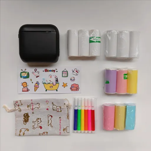Black X6 Mini Portable Bluetooth Instant Photo & Note Printer for Students - Deluxe 20-Piece Gift Set with 12 Paper Rolls, Color Pens & Storage Bag