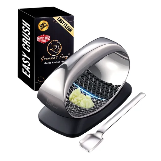 Gourmet Easy Garlic Press Rocker, Stainless Steel Garlic Crusher with Eject Base, Garlic Grinder
