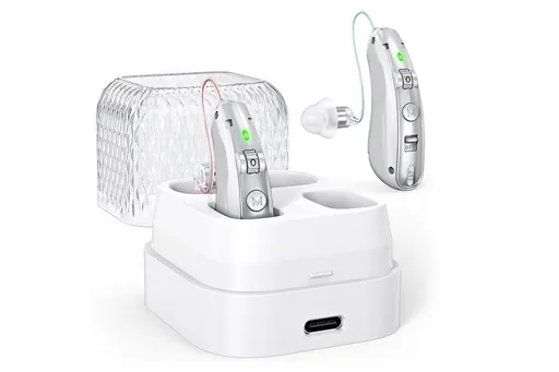 Smart Noise Reduction BTE Hearing Aid with Charging Case Rechargeable Sound Amplifier - Silver