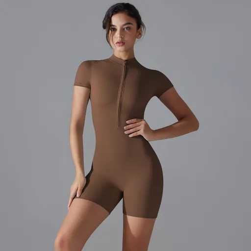 Women's Summer Zip-Up Bodysuit High Stretch Size L Brown Short Sleeve Breathable Yoga Dance Fitness Wear