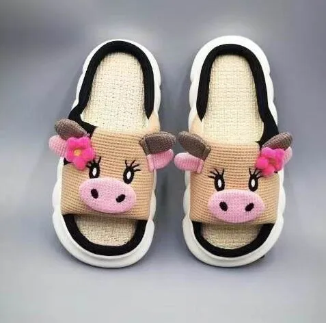 Unisex Cow Cartoon Linen Slippers: EVA Thick Sole Non-Slip Beach Sandals for Couples & Parent-Child, 7 Styles(khaki-43-44)