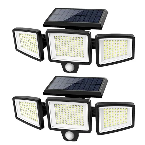 210 LED Outdoor Wall Light Integrated Solar Panel and 3 Sensor Modes (2 Pack), 3 Head Adjustable LED Security Light, IP65 All Weather Waterproof Remote Control Garden Lamp