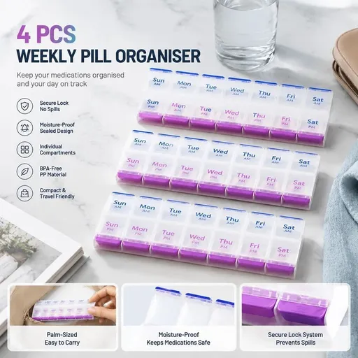 Double Row 14 Compartment Weekly Pill Container Portable Press Medicine Box 4Pcs