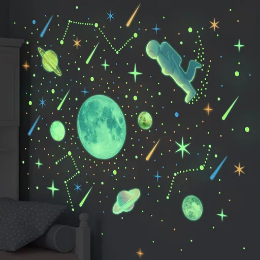 Watercolor Solar System Wall Decals, Glow in The Dark Stars, Kids Planets Sticker for Ceiling, Astronaut Wall Stickers for Bedroom