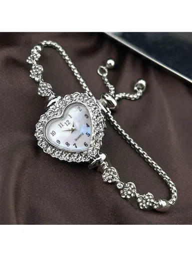 1pc Women s Silver Alloy Love Shaped Watch Elegant Arabic Numeral Dial Quartz Movement Bracelet Style Adjustable Size Daily Wear Decoration Gift