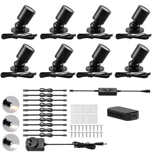 Dimmable LED Mini Spotlight, 12V CCT 2700K-6000K, Adjustable for Display, Cabinet, Showcase, Artwork, 360° Rotatable Accent Lighting, Surface Mount with Slider Dimmer & Adapter (CCT, 8Pack)