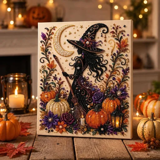 Halloween Pearl Diamond Painting Art Kit with Frame, Spooky Cute 3D DIY Pearl Beads Art Craft for Adults, DIY Fall Home Decor Wall Art, Beginner DIY Seasonal Party Gift - Multi-color - A