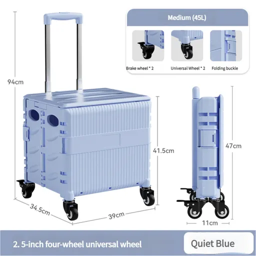 Foldable Rolling Storage Cart with Telescopic Handle - Large Capacity, Portable Utility Box 45L blue