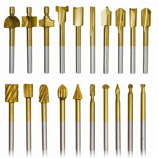 20pcs Titanium Coated Wood Carving Bits, 1/8" Shank HSS Rotary Burr Set for DIY Woodworking, Engraving & Drilling