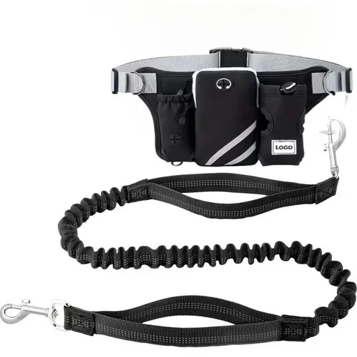 Hands-Free Dog Walking Waist Pack with Bungee Leash Set – Adjustable Running Belt with Reflective Strips, Phone Pocket, Poop Bag Dispenser, and Water Bottle Holder for Jogging, Hiking, and Everyday Walks (Black)