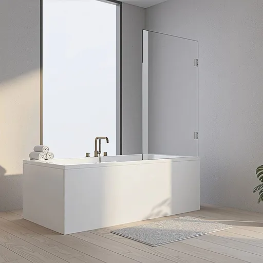 70cm Frameless Swing Bath Screen – Black Hardware with Brass hinge for Modern Bathrooms