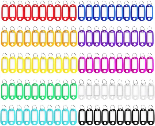 150 Pack Plastic Key Tags with Labels, Colored Key Labels Markers Keychain Label Name Identifiers ID Tags with Split Ring for USB Drive Pets Bags Luggage Suitcase Storage