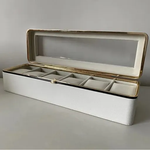 Luxury transparent-lid watch box with 6 fabric-lined compartments, portable and shockproof design, suitable for both men and women. Ideal for home, travel, or gifting—a refined storage solution for fine watches and jewelry. (White)