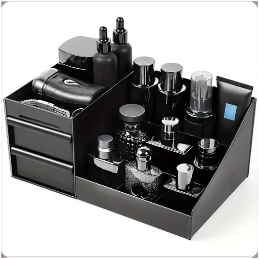Black Mens Wash Bag & Vanity Organiser | 2 Drawer Acrylic Bathroom Storage for Grooming & Skincare