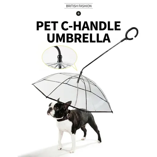 C-Handle Pet Umbrella with Leash Hook – Hands-Free Transparent Rain Protection for Dogs & Cats, Adjustable Angle and Length, Durable Alloy Frame for Daily Walks in Wet Weather (Chain Version)