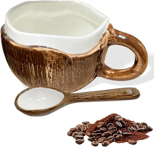 Drinking Cup - With spoon - Ceramic mug - Shape of coconut - Capacity 10oz - Suitable for tea, oatmeal, hot chocolate, etc. - Nice gift mug for home and office