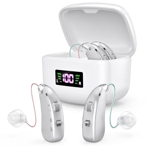 Rechargeable Behind-the-Ear Hearing Aids with Charging Case & LCD Display – Compact Sound Amplifier for Adults and Seniors (White Case, Silver Device)