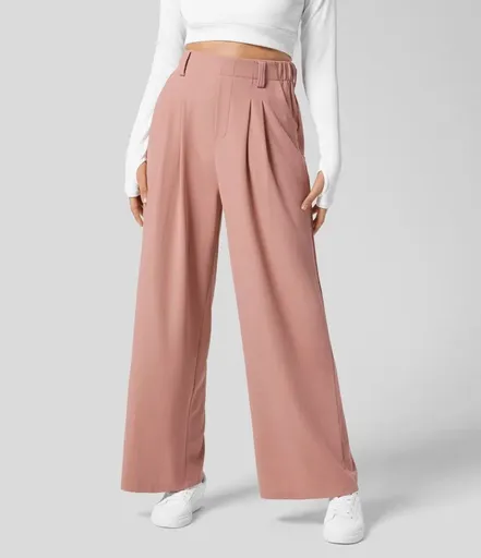 XL Pink Drapey High-Waist Wide-Leg Trousers - Loose Fit Casual Long Pants for Women
