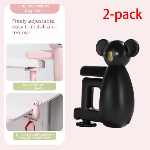 2-Pack Koala Desk Hook, Adjustable Glue-Free Table-Side Bag Hanger, Heavy-Duty Portable Backpack Hook for Students - Black