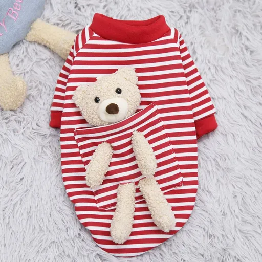 shine Dog Cat Sweater Polyester Teddy Bear Hoodless two-legged red striped teddy bear 2XL (bust 55 back 45cm long)