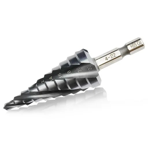 Four Spiral Flute Cobalt Step Drill Bit Impact Ready Unibit Step Drill Bit, Hex Shank Step Bits for Metal, Aluminum, Wood