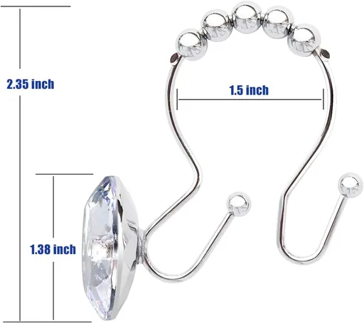 Shower Curtain Hooks Rings for Bathroom, 12PCS Double Hooks Glide Anti Rust Crystal Rhinestones Shower Curtain Rings Hangers