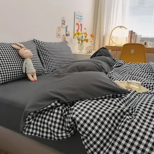 Qianjin Cotton Solid Color 4 Piece Bedding Set Black and White small grid 0.9/1.2 m bed student three-piece quilt cover 150*200cm sheet 160*230cm pillowcase 48*74*1