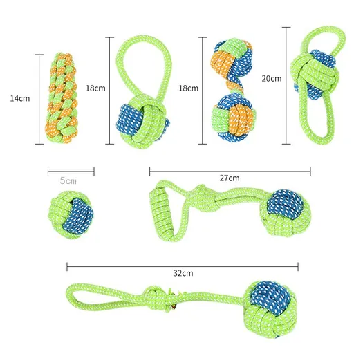 7-Piece Green Durable Cotton Rope Dog Toy Set - Washable Knotted Ball & Tug Toys for Aggressive Chewers, Interactive Teeth Cleaning Pet Toy for Small to Medium Dogs & Cats
