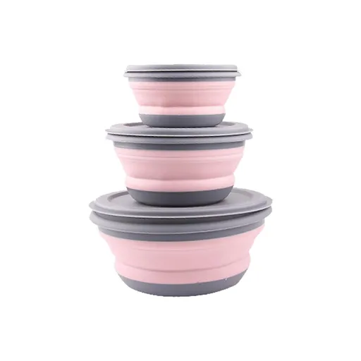 Portable Silicone Collapsible Travel Bowl Foldable Salad Bowl Silicone Food Storage Container with Lid for Outdoor Travel, 3PCS