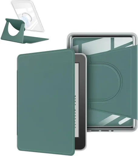 360° Rotating & Detachable Magnetic Case for 7" Kindle Paperwhite 12th Generation (2024) – Auto Wake/Sleep, Hands-Free Stand, Clear Back Cover (Dark Green)