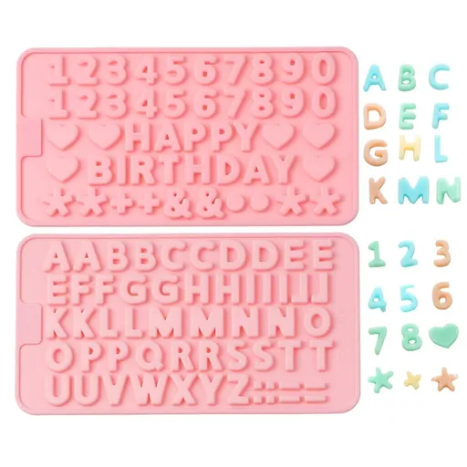 Small Letter Number Silicone Molds Set Candy Chocolate Non-stick Happy Birthday Cake Decorations Baking Mould(2 Pieces, Pink)