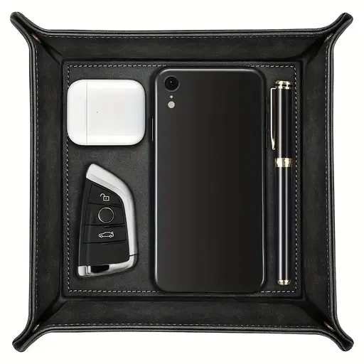 Foldable PU coin tray, minimalist luxury foldable portable, stores desk & entryway items, practical and exquisite!/BLACK