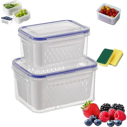Food Storage Containers for Fridge with Removable Colander, 4 in 1 Food Storage Containers with Lids, Household Transparent Plastic food storage Box-Including Drain Basket